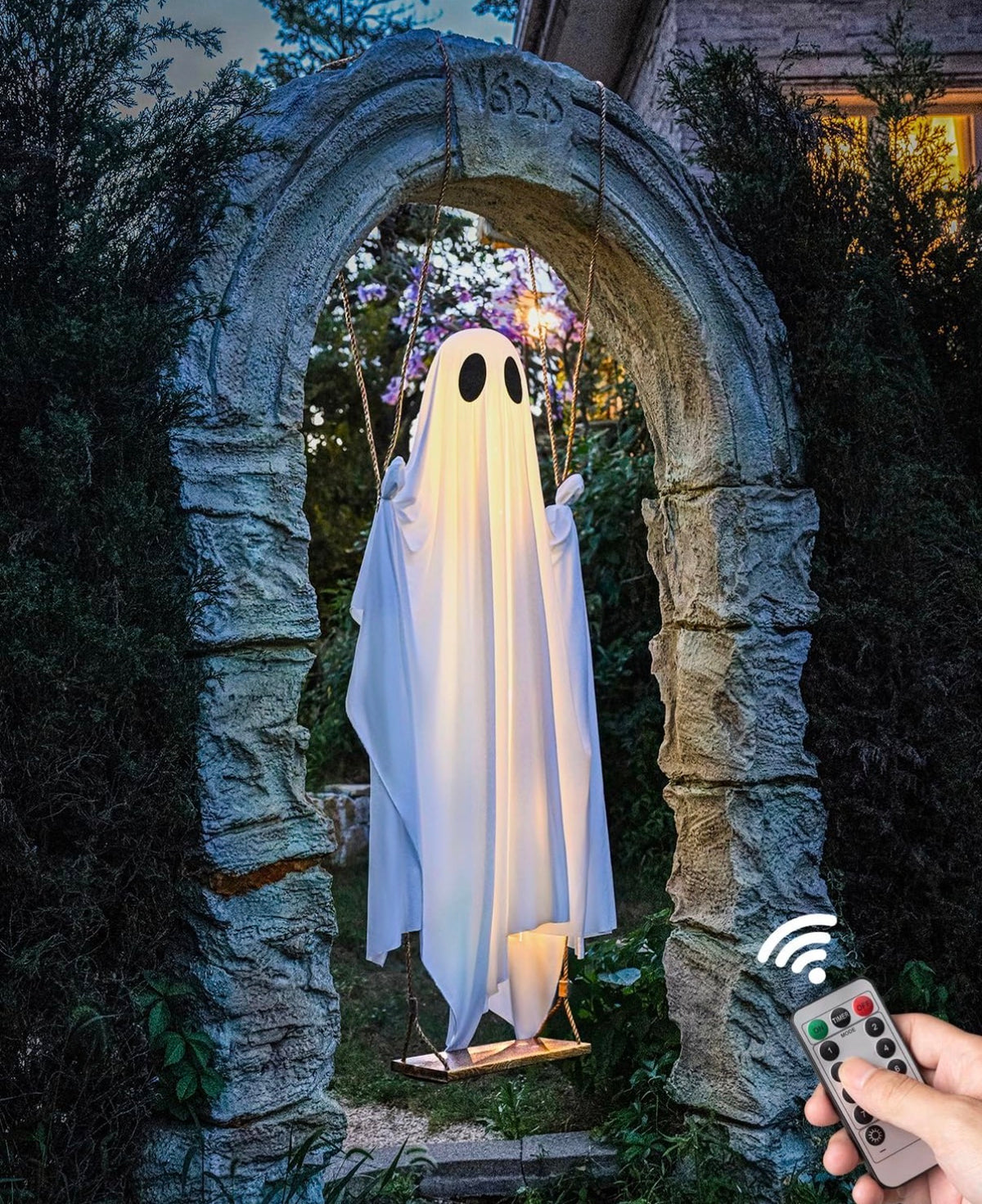 DailySolve 5ft Light-Up Hanging Ghost on Swing – Outdoor Halloween Front Porch & Yard Decor with Remote
