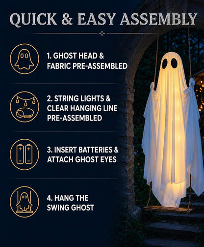 DailySolve 5ft Light-Up Hanging Ghost on Swing – Outdoor Halloween Front Porch & Yard Decor with Remote