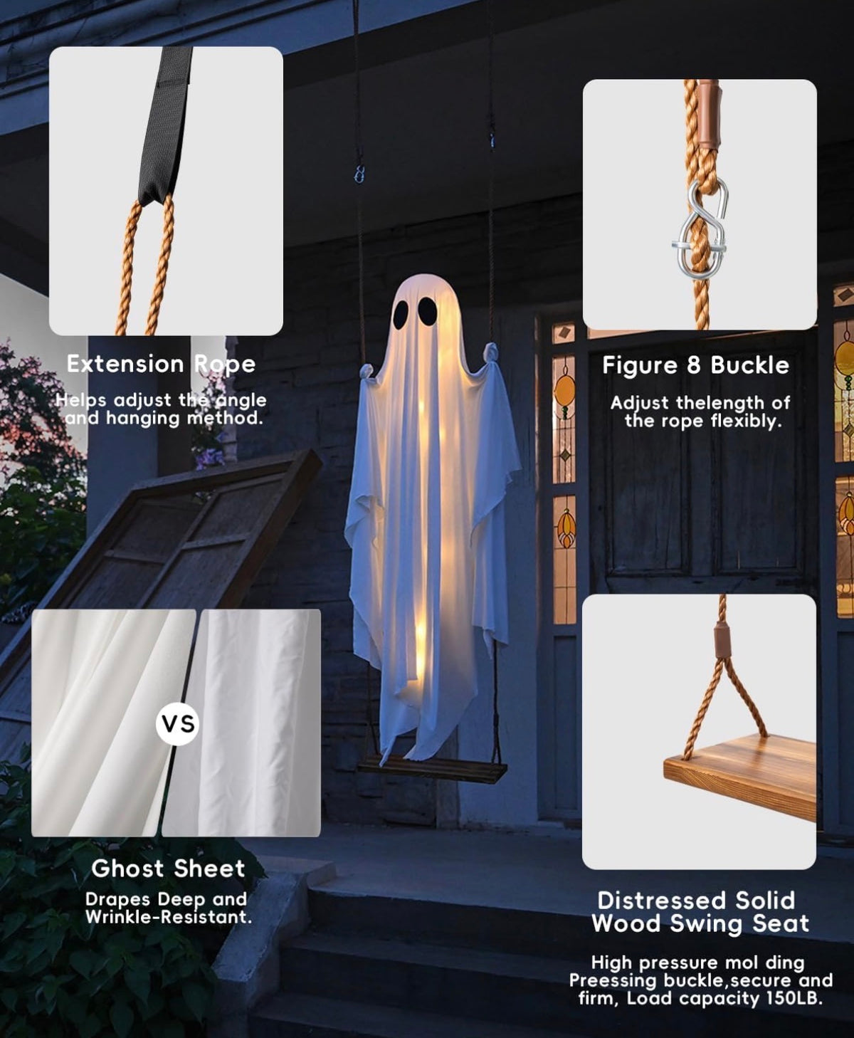 DailySolve 5ft Light-Up Hanging Ghost on Swing – Outdoor Halloween Front Porch & Yard Decor with Remote