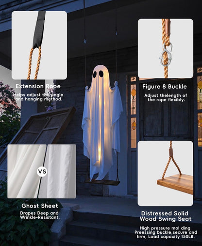 DailySolve 5ft Light-Up Hanging Ghost on Swing – Outdoor Halloween Front Porch & Yard Decor with Remote