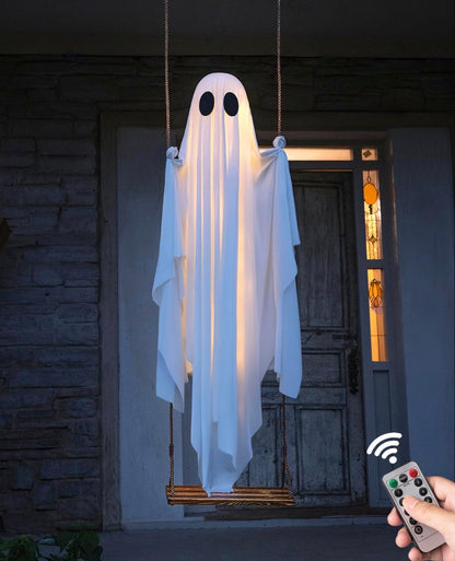 DailySolve 5ft Light-Up Hanging Ghost on Swing – Outdoor Halloween Front Porch & Yard Decor with Remote