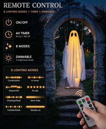 DailySolve 5ft Light-Up Hanging Ghost on Swing – Outdoor Halloween Front Porch & Yard Decor with Remote