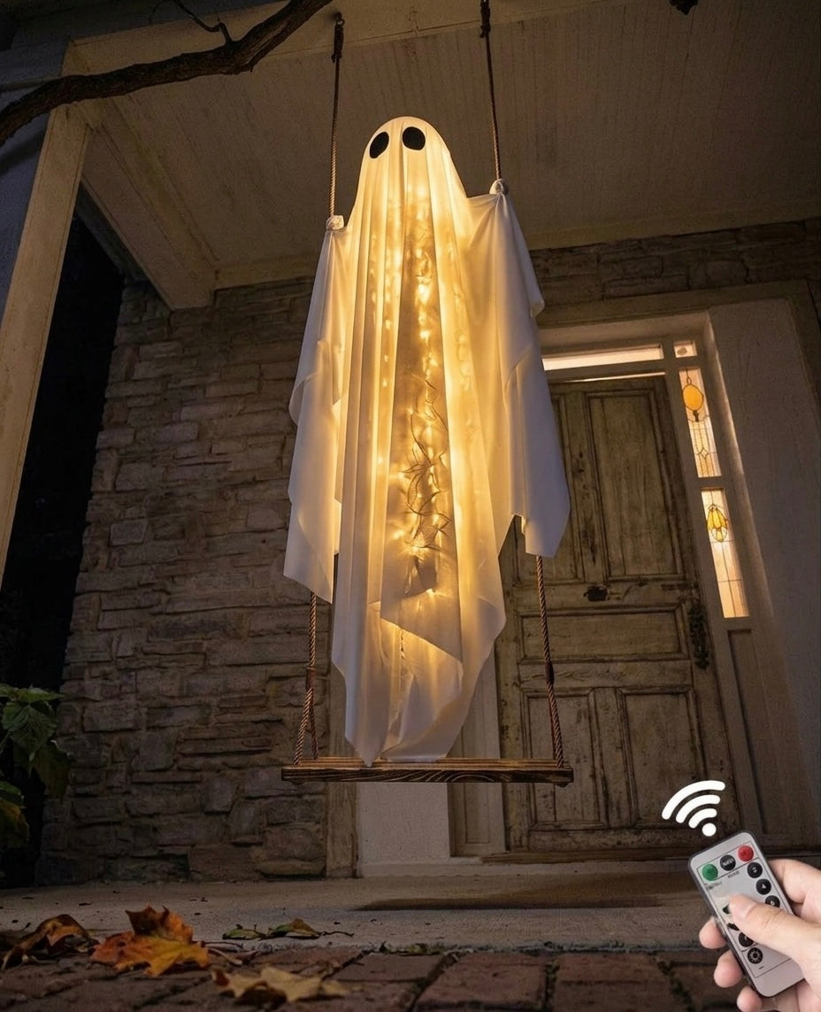 DailySolve 5ft Light-Up Hanging Ghost on Swing – Outdoor Halloween Front Porch & Yard Decor with Remote